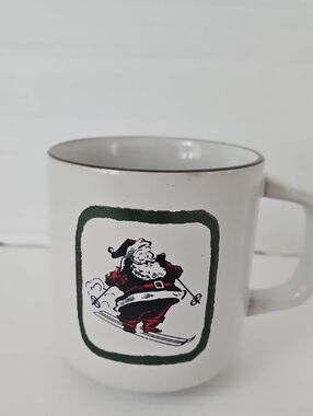 Hearth & Hand NWT Sour Cream Green Trim Skiing Santa Stoneware Mug